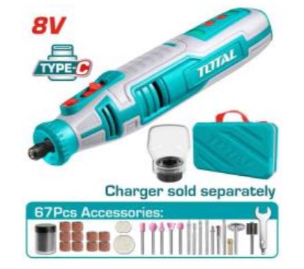 Voltage: 8V No-load speed: 5000-28000rpm Charging via USB type-C cable(cable sold separately) Collet size: 3.2mm Variable speed control 67 Pcs accessories 1 Pcs safe guard Packed by canvas bag